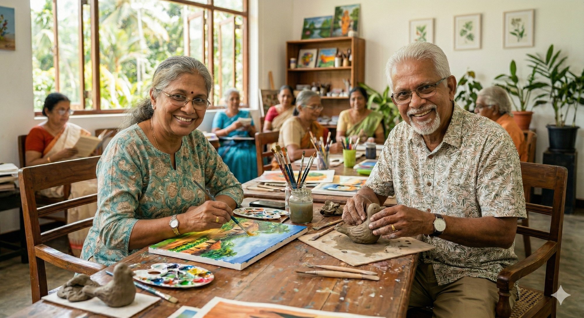 Seniors painting and sculpting at Aegis Day Care