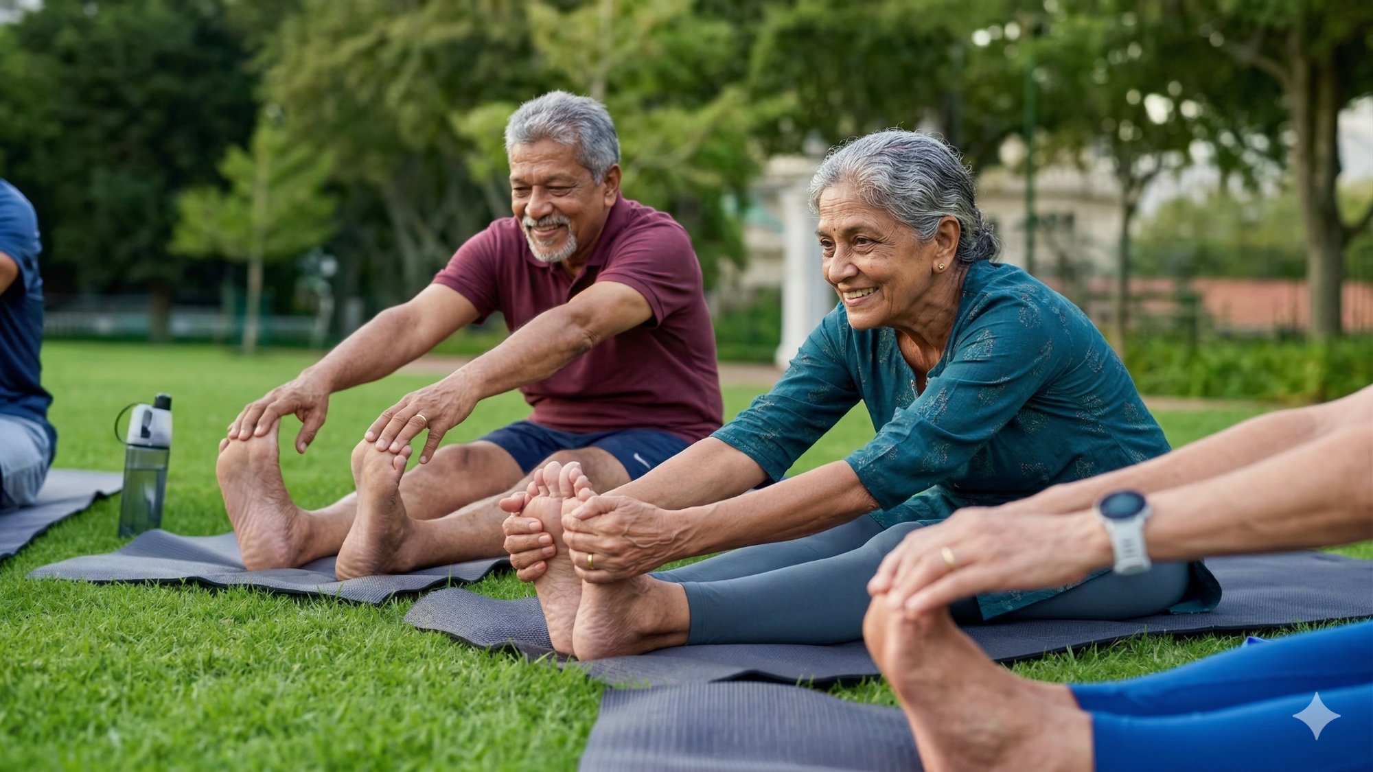 Seniors stretching together outdoors at Aegis Day Care