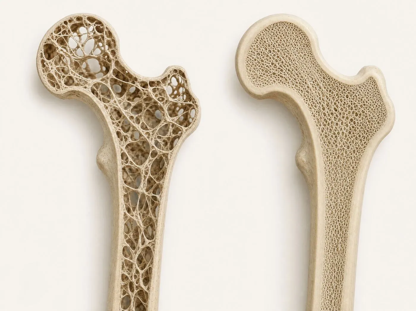 Two femur bones cut open side by side. Before strength training the bone is porous, with large holes and a thin outer wall. After strength training it is dense and well connected, with a thick outer wall.