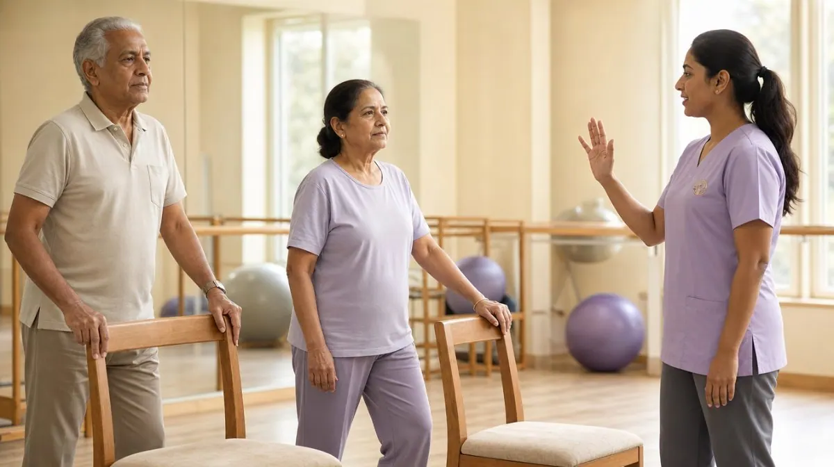 An Aegis physiotherapist leading two older adults through a supported standing balance exercise in the rehabilitation studio