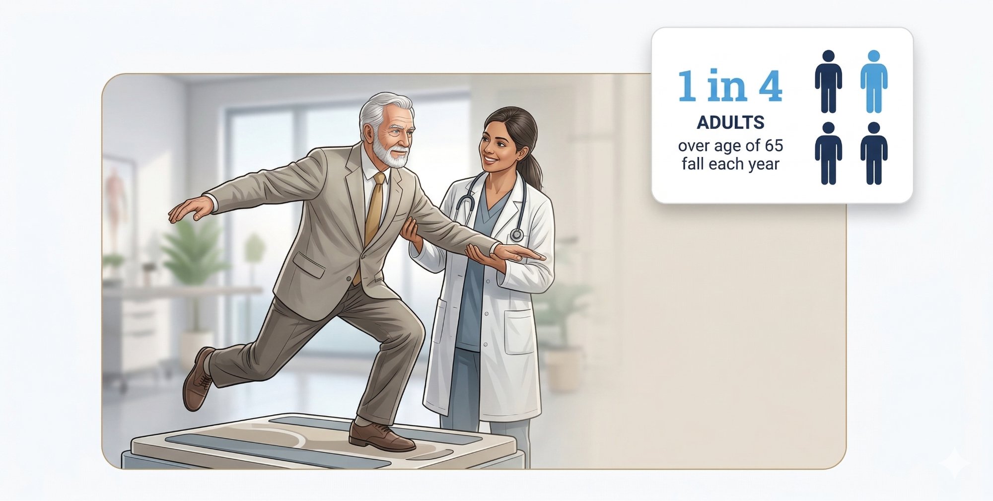 Physiotherapist guiding a senior through balance training — 1 in 4 adults over 65 fall each year