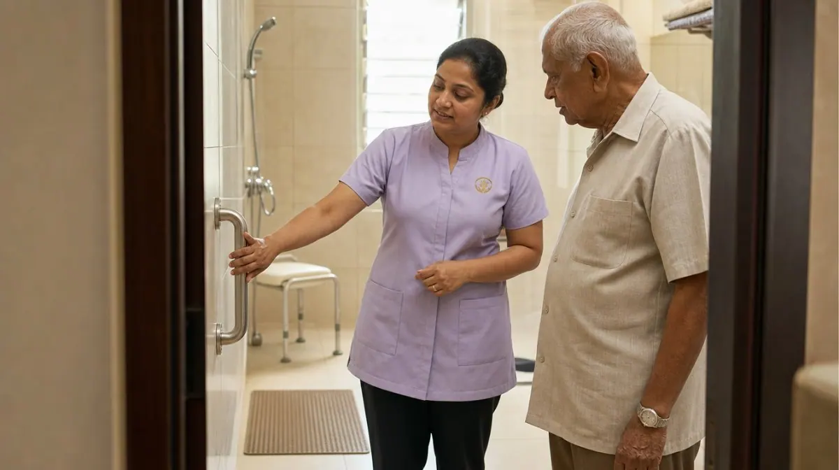 An Aegis occupational therapist showing an older man a newly fitted grab rail beside his bathroom door