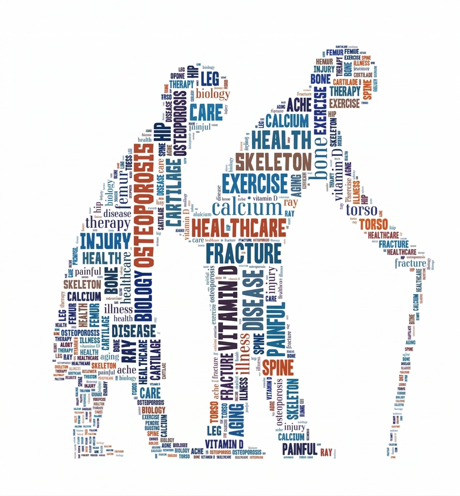 Fall and bone health word cloud — osteoporosis, fracture, exercise, healthcare