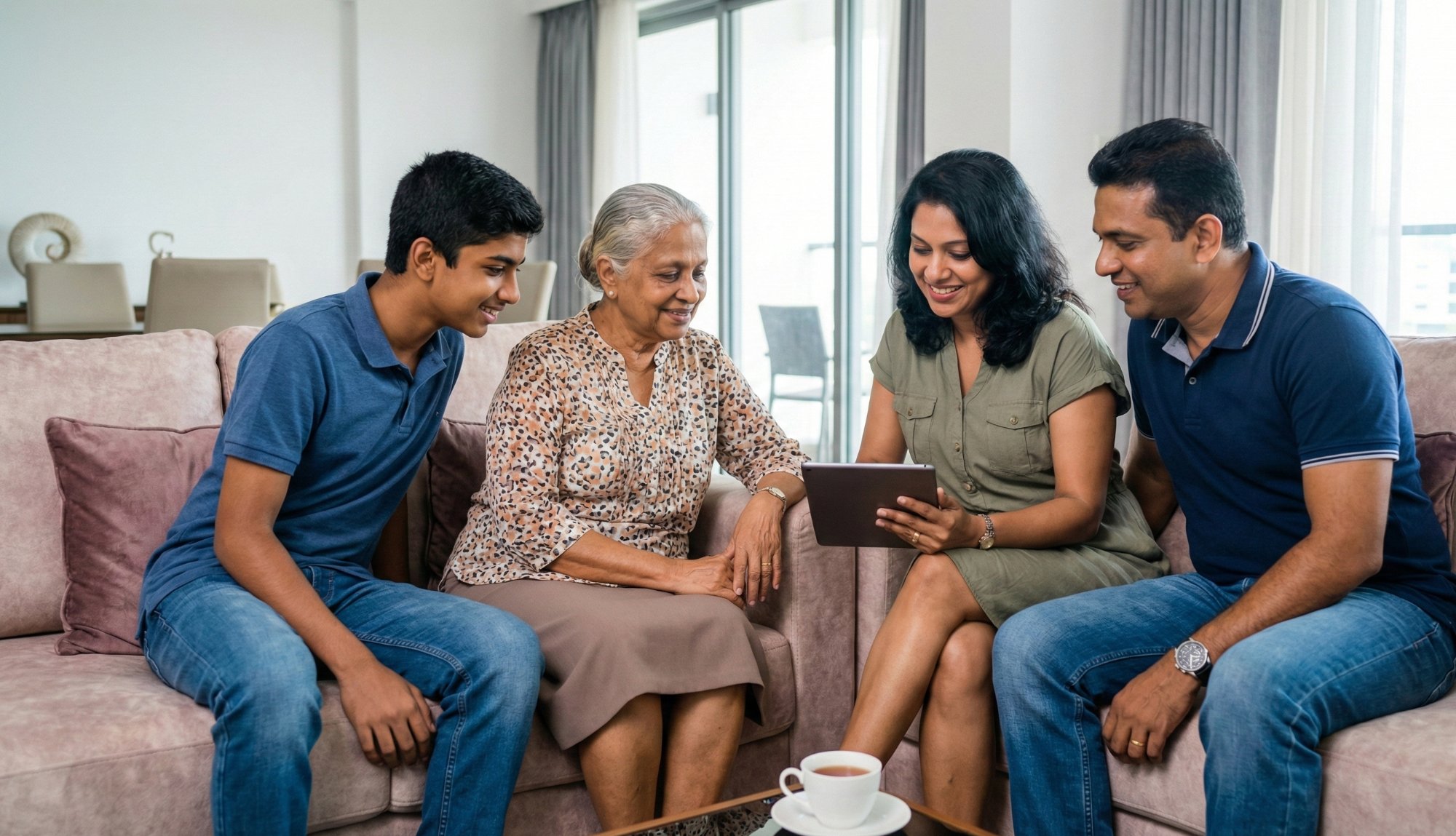 Family visiting elderly mother