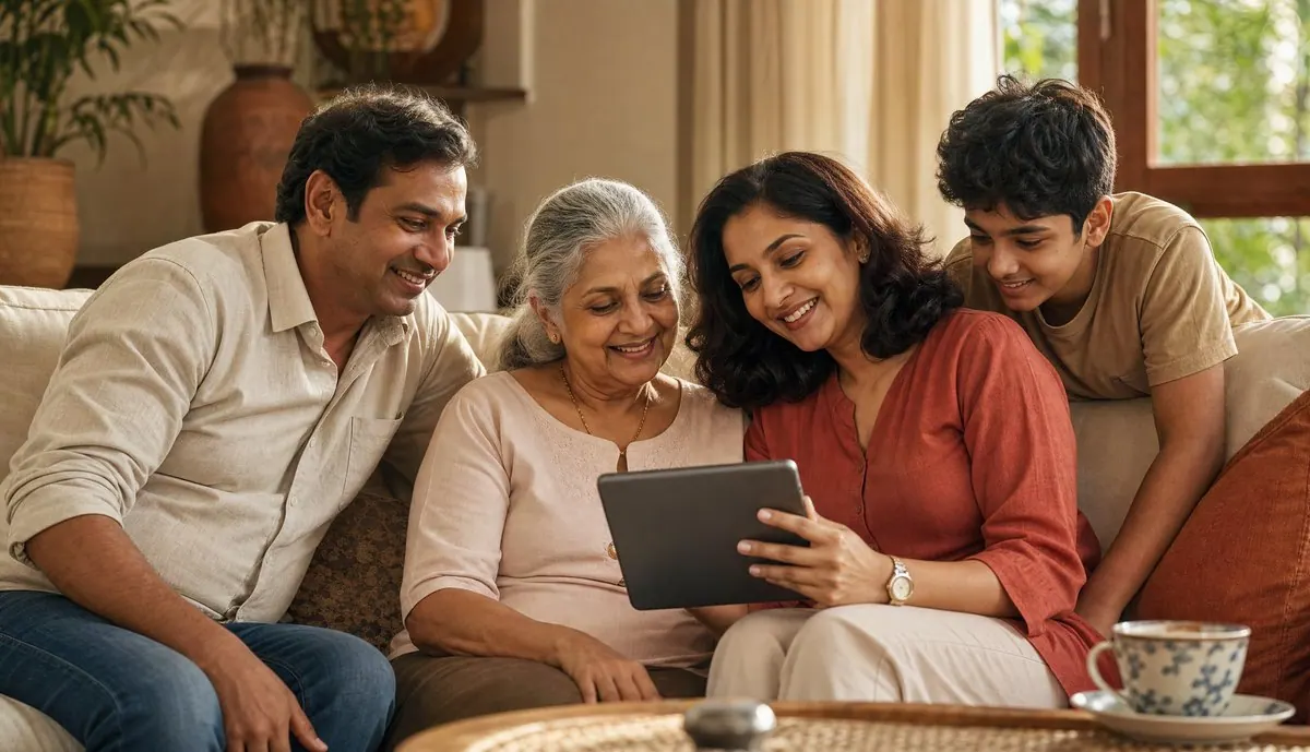 An adult daughter and son showing their mother her Aegis health record on a tablet at home