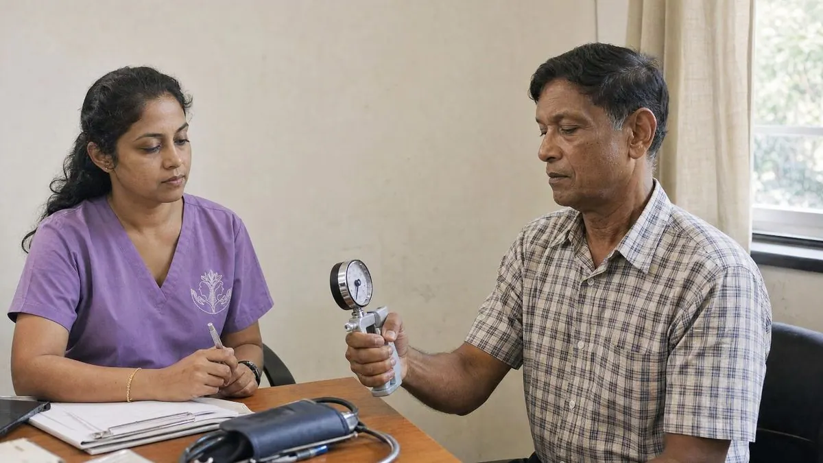 An Aegis doctor in the lavender Aegis uniform measuring a Sri Lankan man's grip strength with a hand dynamometer