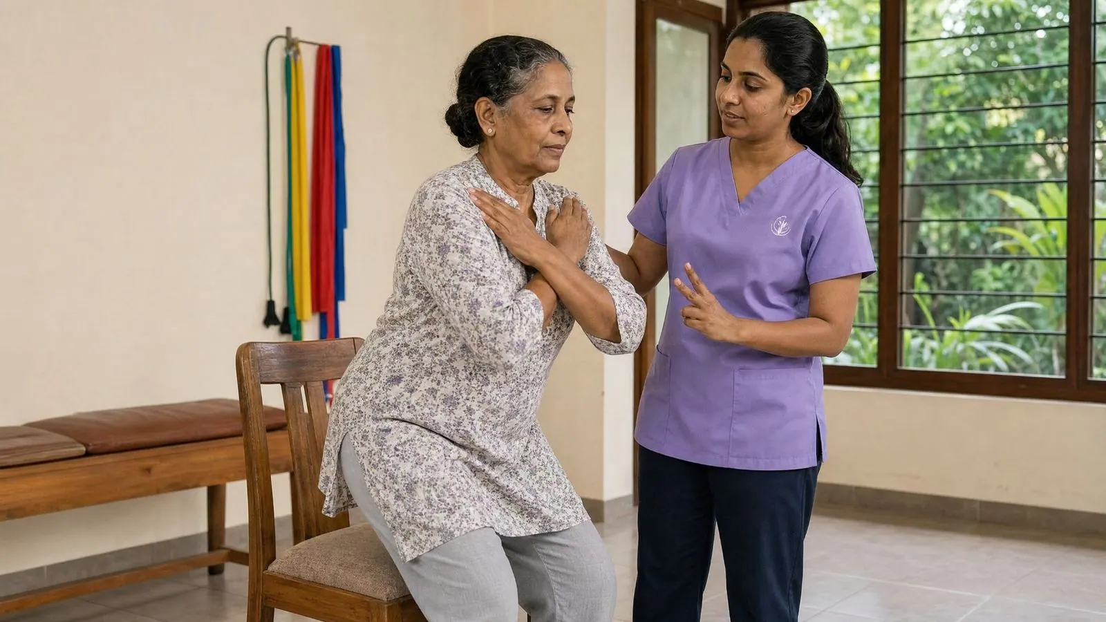 An Aegis physiotherapist in the lavender Aegis uniform guiding a Sri Lankan woman in her sixties through a sit to stand strength exercise