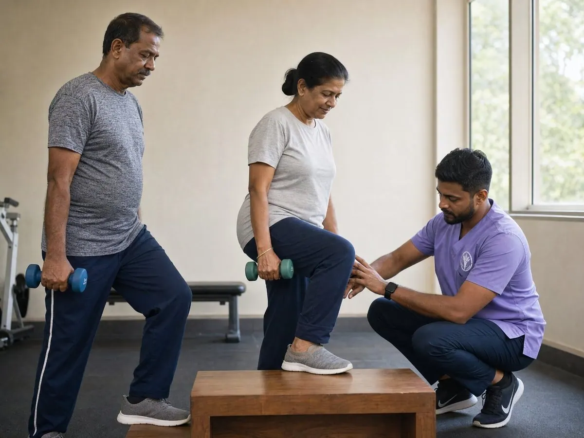 Two Sri Lankan adults in their sixties doing supervised step ups with light dumbbells while an Aegis physiotherapist in the lavender uniform checks one knee