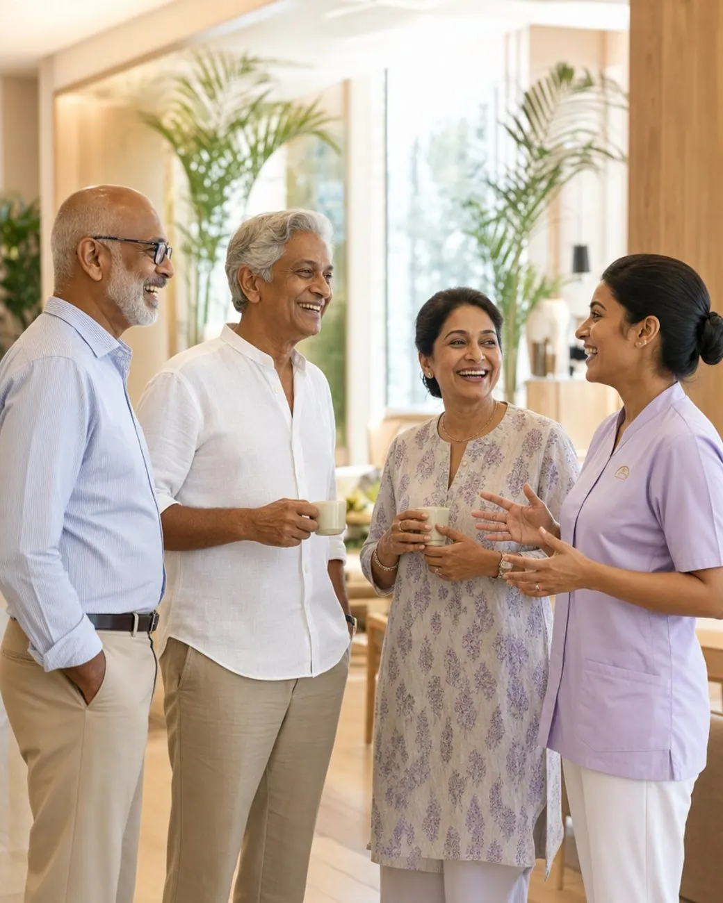 Three Sri Lankans in their sixties talking and laughing with an Aegis clinician in the lavender Aegis uniform in the clinic lounge