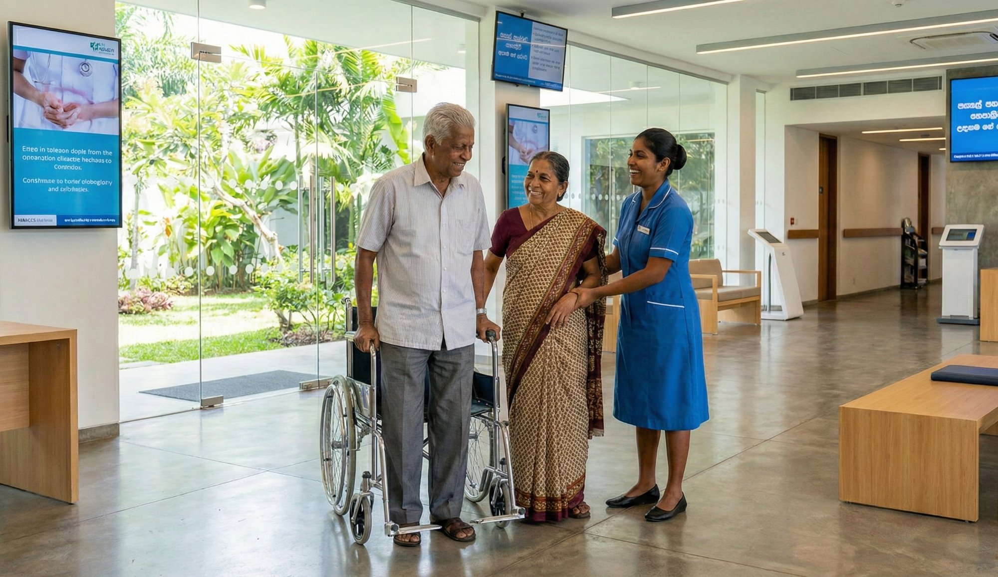 Elderly couple with caring nurse at Aegis Health facility
