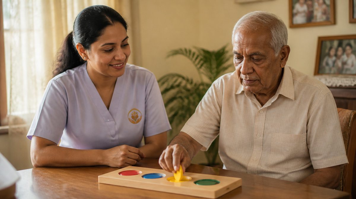 An Aegis occupational therapist working through a coloured disc matching exercise at a table with an older man at home