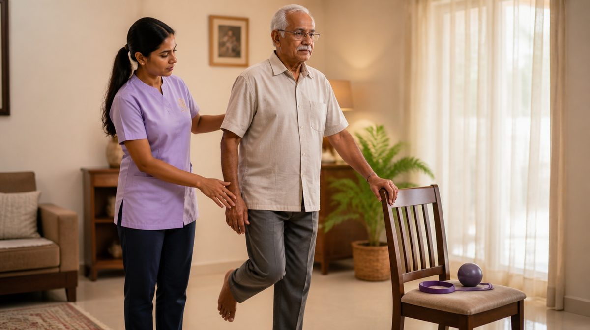 An Aegis therapist steadying an older man as he practises a standing balance exercise beside a chair in his own living room