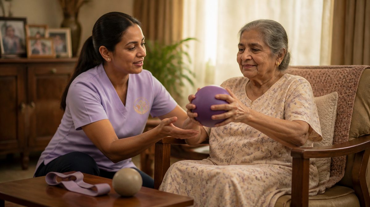 An Aegis physiotherapist guiding an older woman through a seated exercise with a weighted ball in her own living room