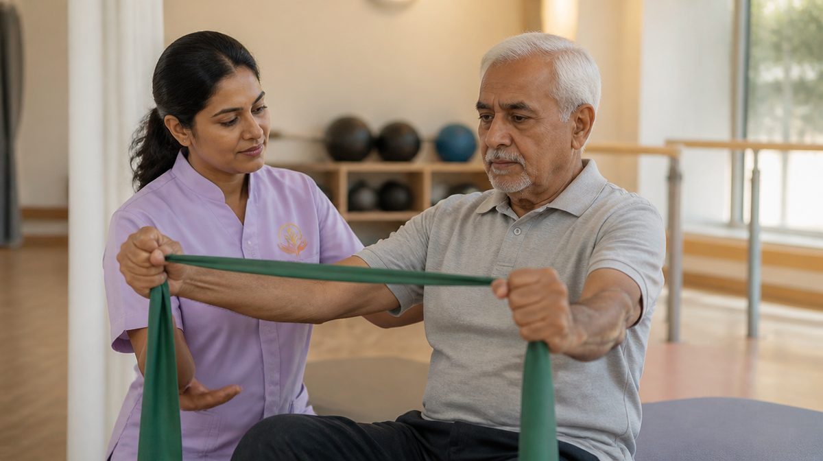 An Aegis physiotherapist correcting an older man's form during a seated resistance band exercise in the rehabilitation studio