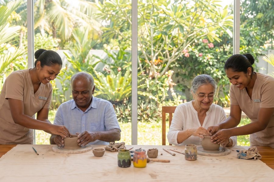 Two older adults working at a pottery wheel with Aegis care staff beside them