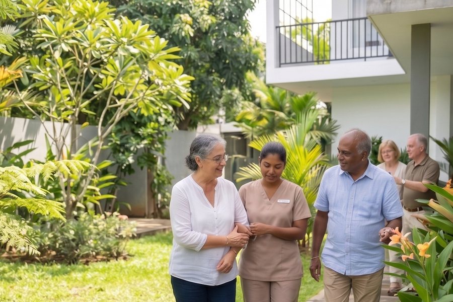 An Aegis nurse walking through the garden with a resident and a family member