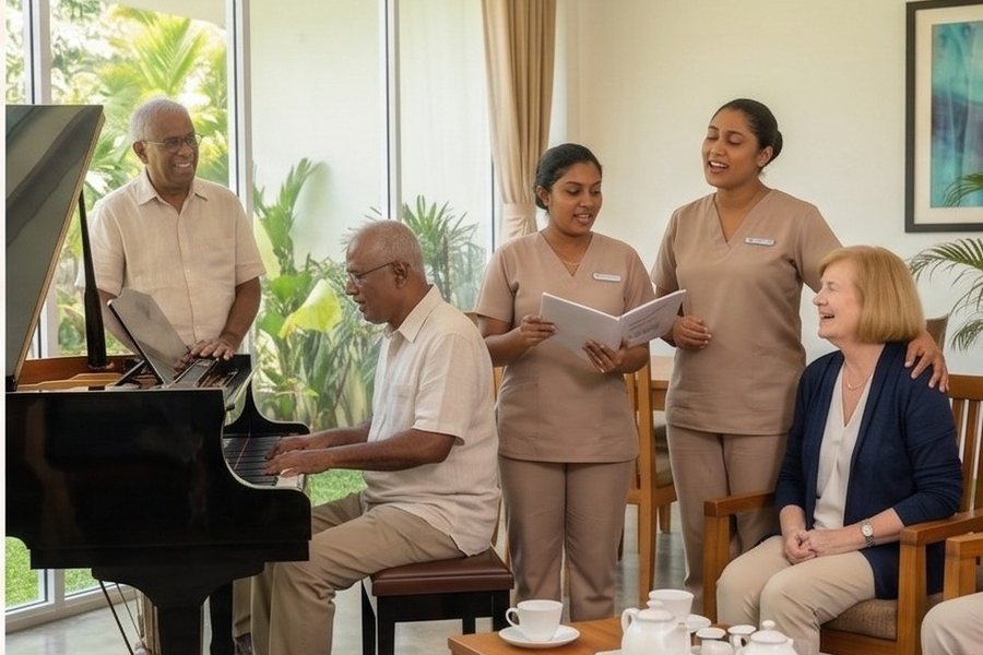 An older man playing the piano while other guests and Aegis staff sing along