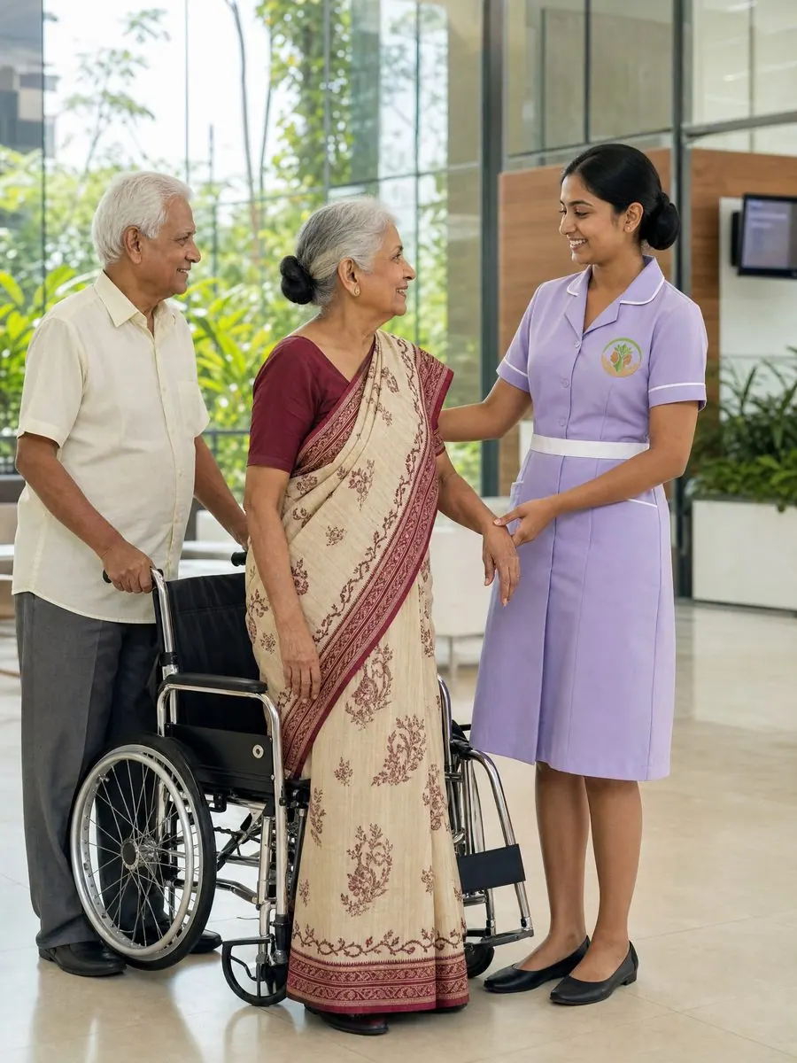 An Aegis caregiver welcoming an older couple with a wheelchair into the bright residence lobby