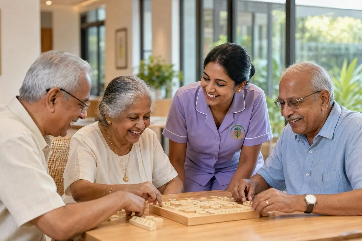 Three older guests laughing over a wooden word game with an Aegis caregiver leaning in