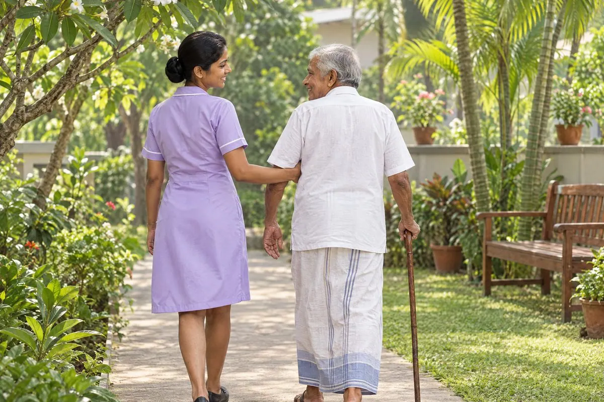 An Aegis caregiver walking beside an older man with a walking stick along the garden path