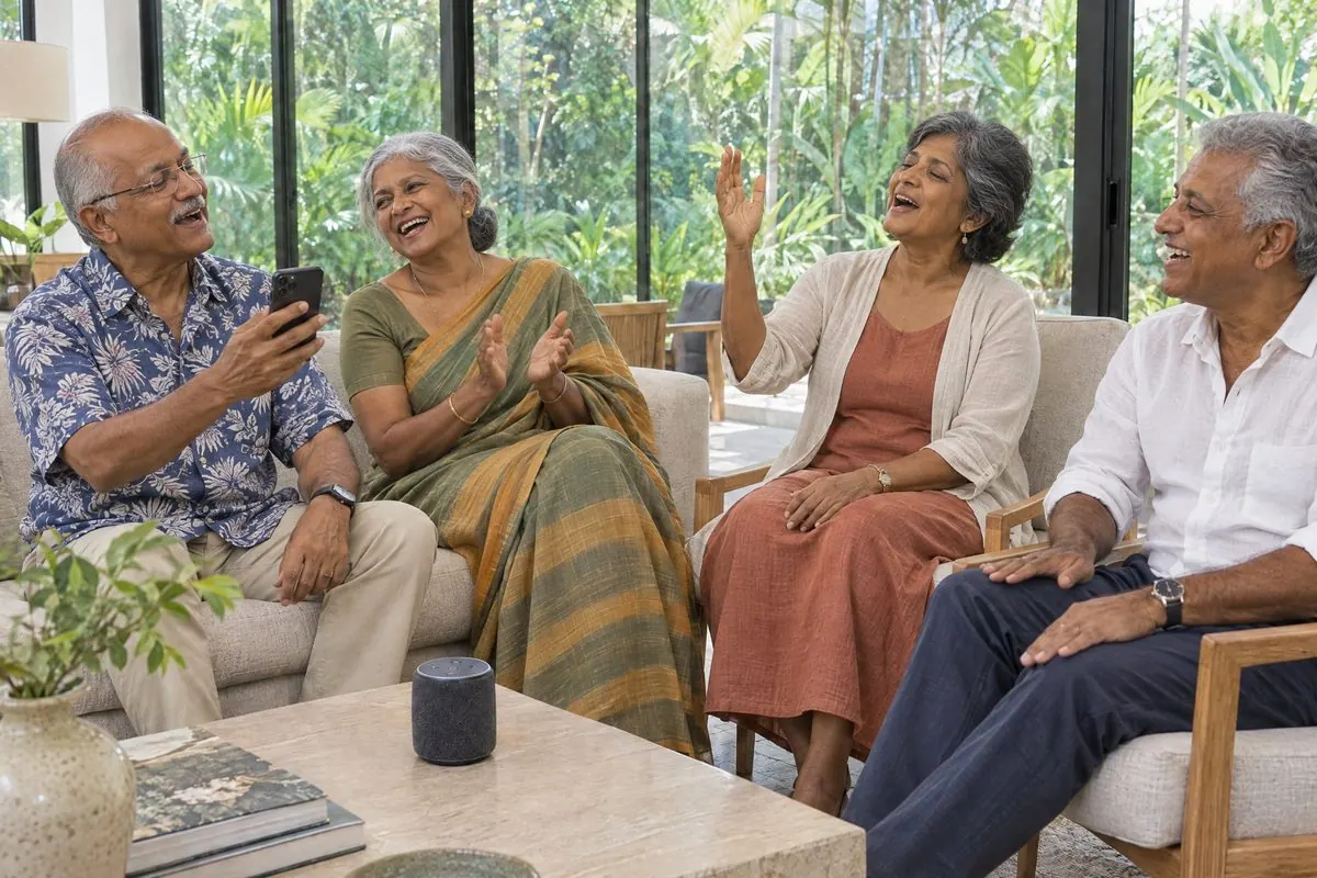 Four guests in their seventies singing along to old favourites playing from a phone in the residence lounge