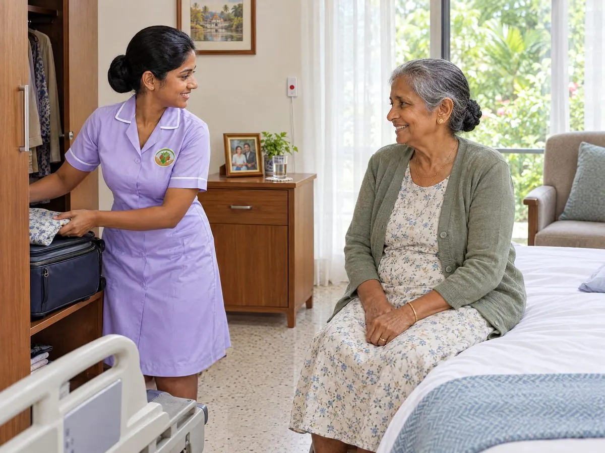 An Aegis caregiver unpacking a guest&rsquo;s suitcase in a private room while the guest sits on the bed and chats