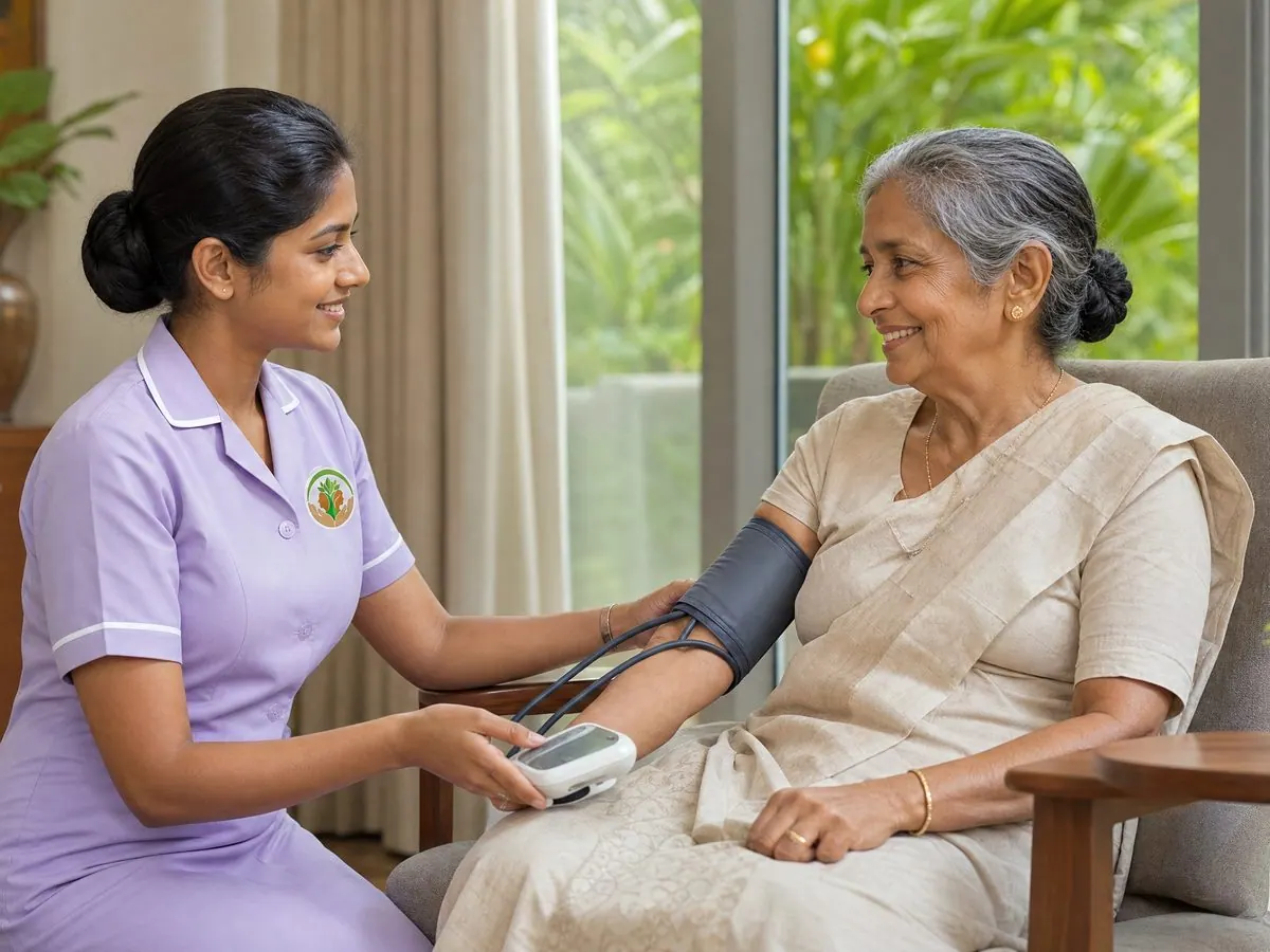 An Aegis caregiver checking an older woman&rsquo;s blood pressure as she sits in an armchair