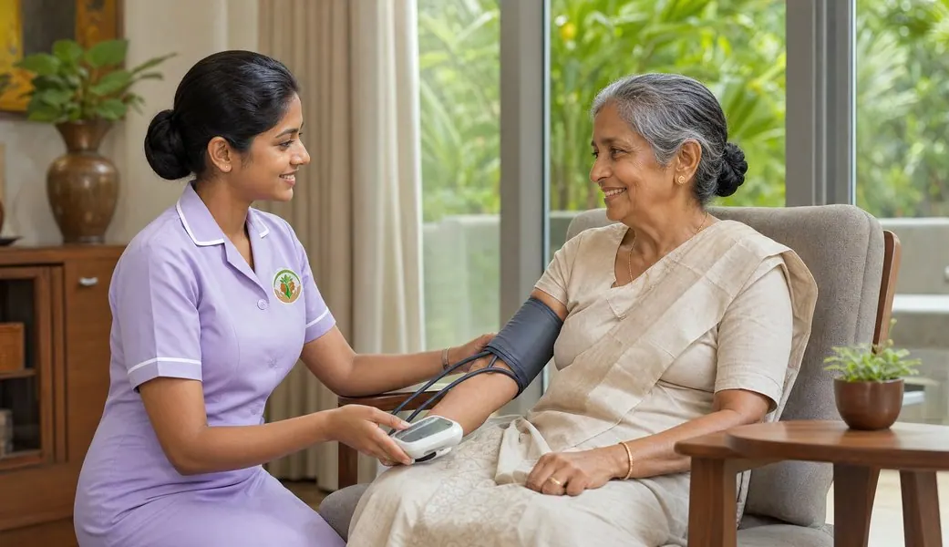 An Aegis caregiver in the lavender Aegis uniform checking an older woman's blood pressure at home